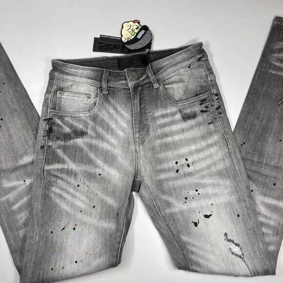 NEW TULONES men’s paint splash two-hole denim skinny jeans in grey